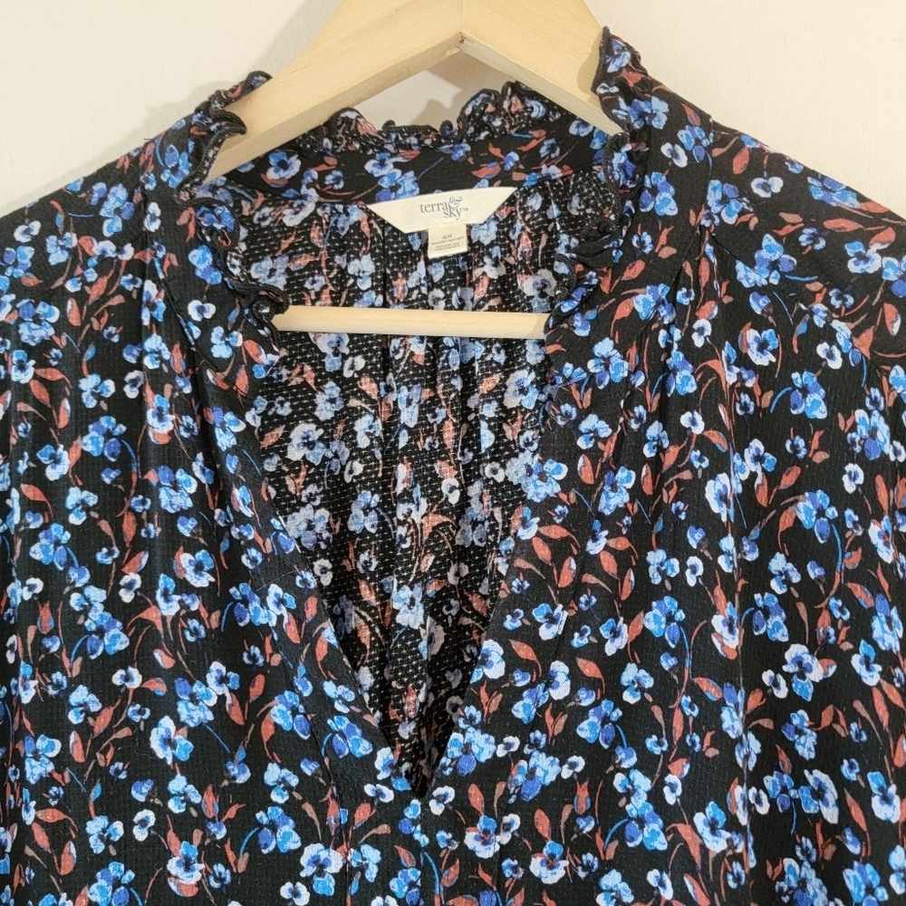 Terra Sky Women's Plus Size Peasant Dress 2X Blue Floral Long Sleeve Pocket Fall - Picture 5 of 13